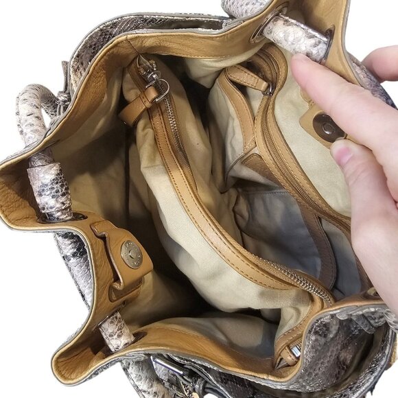 Y2K Cole Haan Python Snakeprint Leather Big Hobo Bag Purse Cream Taupe Buckles - Picture 14 of 16